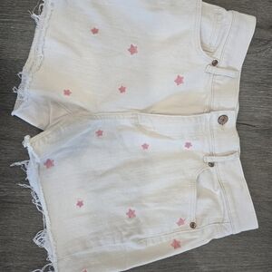 LOFT White Denim Shorts with Pink Star Embroidery